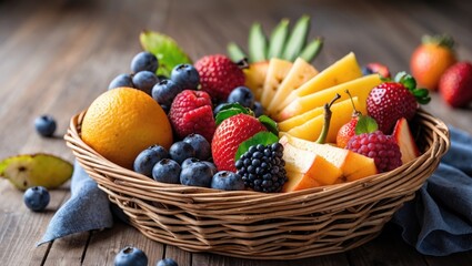 Leinwandbilder - Colorful Fruit Basket on Wooden Table with Freshly Cut Slices and Empty Space for Text Ideal for Healthy Lifestyle and Culinary Promotions