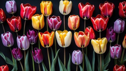 Sticker - Vibrant Multicolored Tulips Displayed Elegantly on a Dark Background Showcasing Nature's Beauty and Floral Diversity