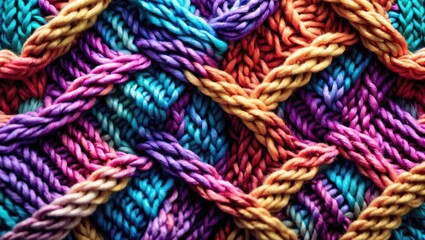 Fototapete - Colorful knitted texture featuring intricate patterns of woven wool threads in vibrant hues of pink, purple, blue, and orange.
