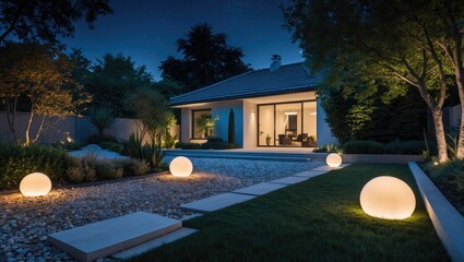 Leinwandbilder - Contemporary Home Garden at Night with Illuminated Globe Lights Enhancing Landscaping Ambiance and Aesthetic Appeal