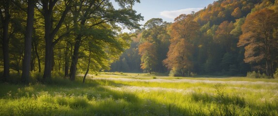 Sticker - Lush Meadow Surrounded By Deciduous Forest In Bright Sunlight Showcasing Vibrant Foliage And Serene Nature Scenery