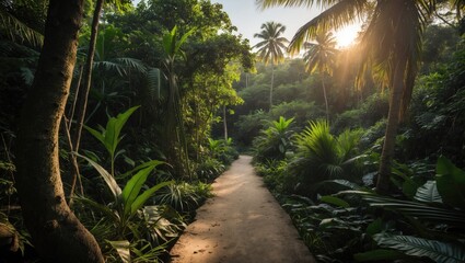 Aufkleber - Lush Jungle Pathway Surrounded by Vibrant Greenery and Sunlight on a Serene Day in Tropical Wilderness