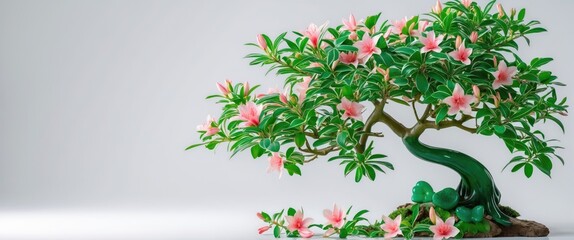 Poster - Jade tree adorned with delicate pink flowers on a minimalist white background showcasing artistic botanical elegance and serenity.