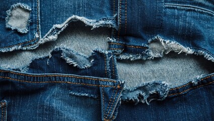 Poster - Torn denim jeans fabric close-up showcasing frayed edges and distressed texture for fashion and textile design concepts.