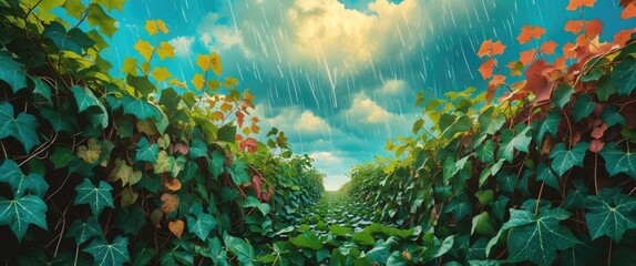 Aufkleber - Ivy greenery under a rainy sky showcasing nature's purity and tranquility with vibrant colors and open space for creativity.