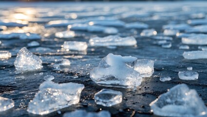 Poster - Ice fragments on a frozen surface reflecting sunlight creating a serene winter backdrop for seasonal themes or nature projects.