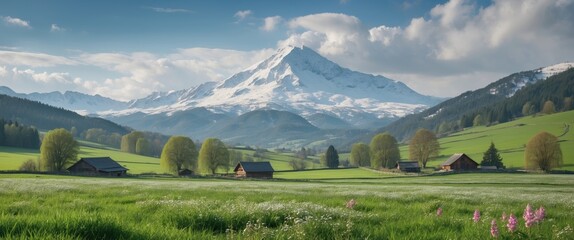 Poster - Majestic snowcapped mountain overseeing lush green meadows filled with blooming flowers and rustic rural buildings in a serene landscape.