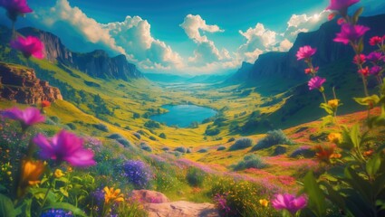 Sticker - Vibrant Valley Landscape with Colorful Flowers and Serene Lake Under a Dramatic Sky