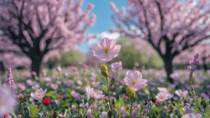 Wall Mural - Vibrant Blooming Flower Field Under Pink Trees With Clear Sky Ideal for Nature and Springtime Backgrounds