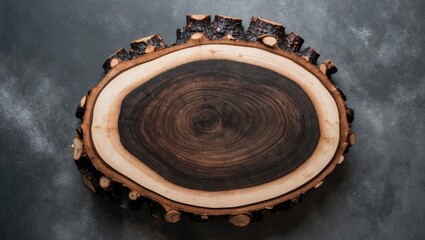 Fototapete - Rustic black cherry wood oval slice with natural bark edge showcasing intricate grain patterns on a textured background