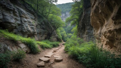 Leinwandbilder - Serene Hiking Trail Through Lush Gorge Surrounded by Stone Walls and Verdant Foliage in Scenic Natural Landscape