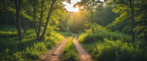 Leinwandbilder - Sunlight Filtered Through Lush Green Trees Over Serene Hiking Trail In Summer Forest With Space For Text Addition