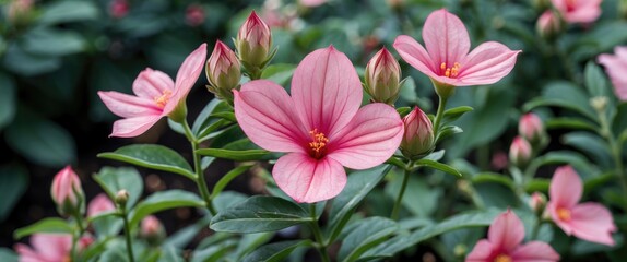 Aufkleber - Pink Kopsia Fruticosa Flowers Blooming in a Garden with Lush Greenery and Space for Text Overlay