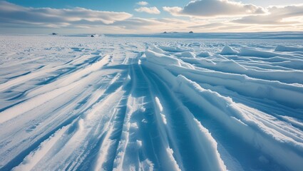 Aufkleber - Panoramic view of a serene winter landscape showcasing textured snow patterns and arctic scenery under a bright blue sky.