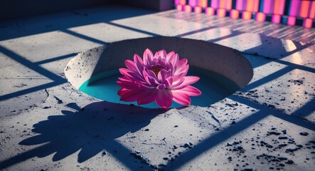 Poster - Vibrant pink lotus flower in a cement basin with stark shadows and colorful background pattern creates a striking contemporary design element.