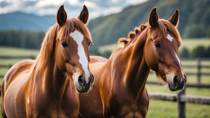 Poster - Two Charming Horses in a Lush Pasture Surrounded by Nature's Beauty and Serenity.