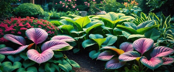 Poster - Vibrant Hosta plants showcasing lush foliage in a serene garden setting surrounded by colorful flowers and greenery.
