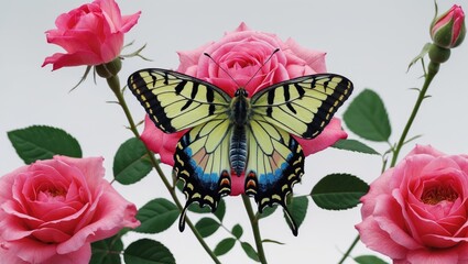 Leinwandbilder - Vibrant Yellow Butterfly on Pink Roses with Fresh Green Leaves Isolated on White Background Ideal for Nature and Floral Designs