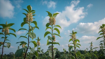 Aufkleber - Kara nut plants flourishing under a bright blue sky with fluffy clouds ideal for agricultural or nature themed projects.