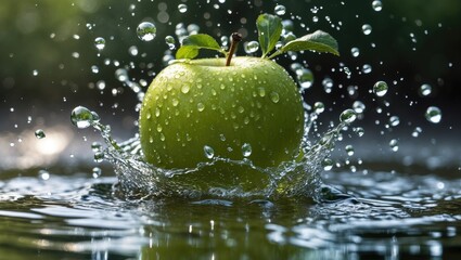 Fototapete - Green apple splashing in water with vibrant colors and detailed texture, showcasing reflective droplets and dynamic motion in a serene setting.