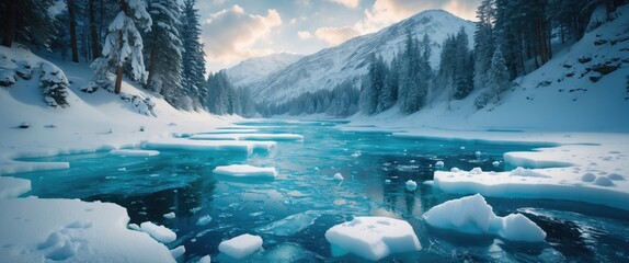 Aufkleber - Majestic winter landscape showcasing a serene river with icy formations surrounded by snow-covered mountains and pine trees.