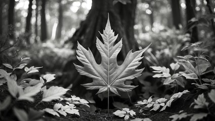 Wall Mural - Monochrome close-up of a large leaf in a forest setting with a soft-focus background emphasizing nature's details and textures.