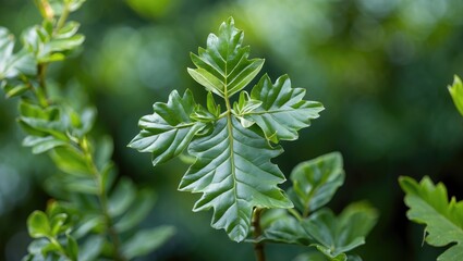 Poster - Croton plant leaf showcasing rich green color and unique lobed shape, surrounded by lush foliage in a natural setting.
