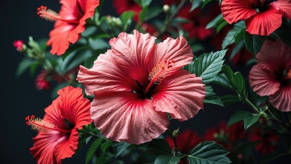 Poster - Vibrant Red Hibiscus Flowers Blooming Against Dark Backdrop Beauty of Tropical Flora