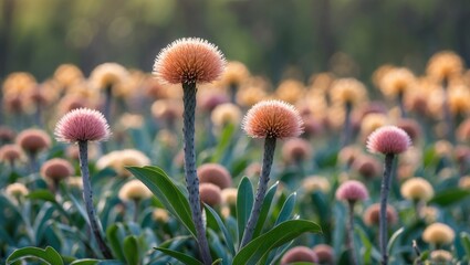 Poster - Vibrant field of spike flowers showcasing unique pink and orange blooms against a softly blurred natural background in golden sunlight.