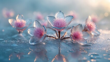 Aufkleber - Frozen flowers on glass surface showcasing delicate pink and blue hues with stunning details and textures in high-resolution imagery.