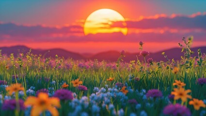 Wall Mural - Vibrant Sunset Over Wildflower Meadow With Soft Focus Effect And Empty Copy Space Ideal For Text Overlay