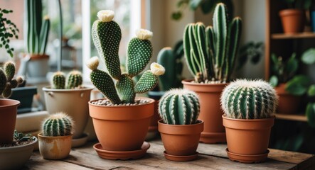 Fototapete - Indoor Cactus Collection with Various Species in Terracotta Pots on Rustic Wooden Table with Natural Light