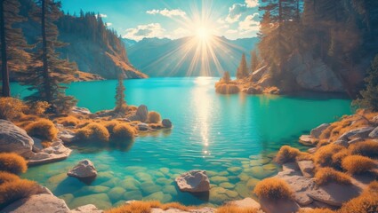 Sticker - Serene Landscape of Turquoise Lake with Dramatic Sunbeams and Lush Greenery in National Park Vintage Style Ideal for Nature-Themed Projects