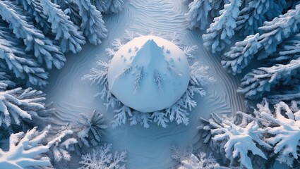 Aufkleber - High angle view of pristine snow-covered landscape with intricate textures and surrounding trees in a serene winter setting.