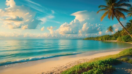 Aufkleber - Serene Seashore Landscape at Sunset with Palm Trees and Tranquil Waters Ideal for Holiday Relaxation and Scenic Exploration