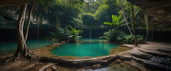 Leinwandbilder - Serene Jungle Cenote Surrounded by Lush Greenery and Crystal Clear Water in a Tranquil Tropical Landscape