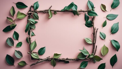 Wall Mural - Leaves Arranged in a Natural Frame on Soft Pink Background Flat Lay Design with Copy Space for Creative Projects and Nature Themes