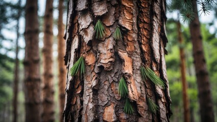 Aufkleber - Close-up of a textured pine tree bark with green needles in a vibrant forest setting showcasing natural beauty and texture.