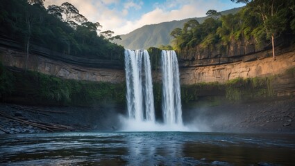 Leinwandbilder - Majestic waterfall cascading into a serene pool surrounded by lush greenery and dramatic cliffs under a clear blue sky.