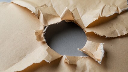 Fototapete - Torn paper with a circular hole showcasing texture and detail, ideal for backgrounds or creative design projects.