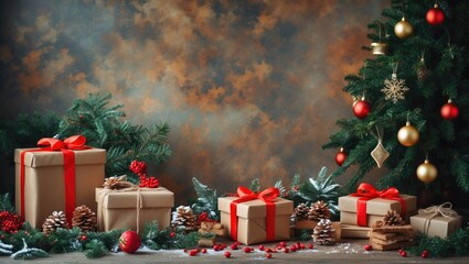 Aufkleber - Festive Holiday Scene with Christmas Gifts and Decorations on a Cozy Background for Seasonal Greetings and Text Inserts