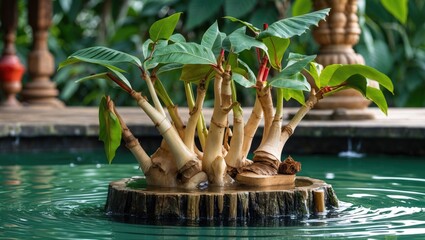 Aufkleber - Ivory betel plant thriving on a wooden stump in serene water setting showcasing lush green leaves and natural beauty.