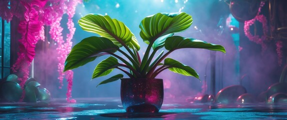 Poster - Vibrant anthurium plant with broad leaves set in an artistic misty background, showcasing its unique ornamental appeal.