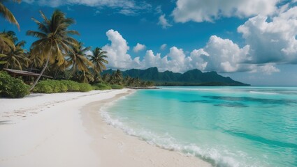 Leinwandbilder - Tropical Beach Paradise with White Sands Azure Waters Lush Palm Trees and Scenic Mountains Under Clear Blue Sky