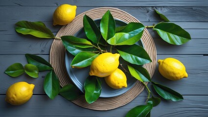 Wall Mural - Fresh Lemons and Green Leaves Artfully Arranged on Natural Mat with Gray Wood Background and Space for Text