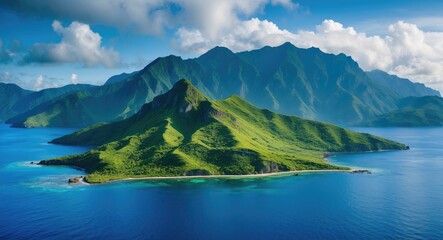 Aufkleber - Lush Green Island Surrounded By Tranquil Blue Ocean with Majestic Mountains Under a Clear Sky Ideal for Travel and Nature Themes