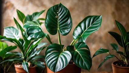 Aufkleber - Philodendron plant with glossy dark green leaves featuring scalloped bases and smooth margins in a warm indoor setting.