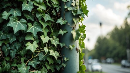Poster - Lush Green Ivy Climbing Urban Pole Against Blurred Street Background