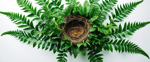 Poster - Tropical green bird nest fern arrangement with woven nest surrounded by lush leaves on a clean white background