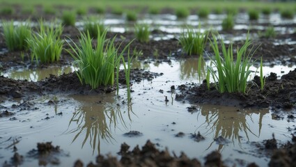 Aufkleber - Wet soil and puddles with sprouting green grass in spring highlighting marshland textures and reflections in a lush agricultural landscape.